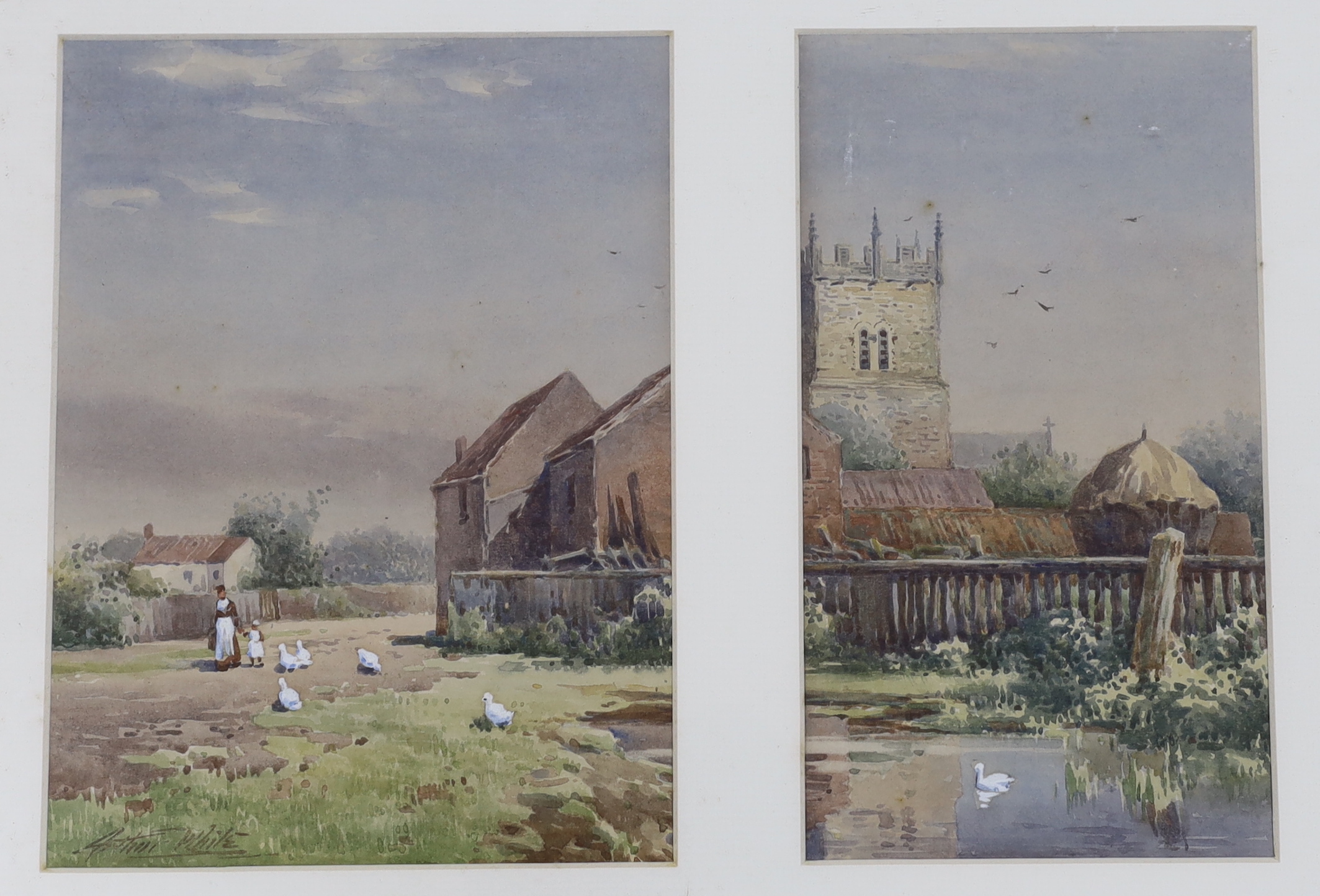 Arthur White (1865-1953), two watercolours, Church and duck pond, signed, 25 x 36cm overall